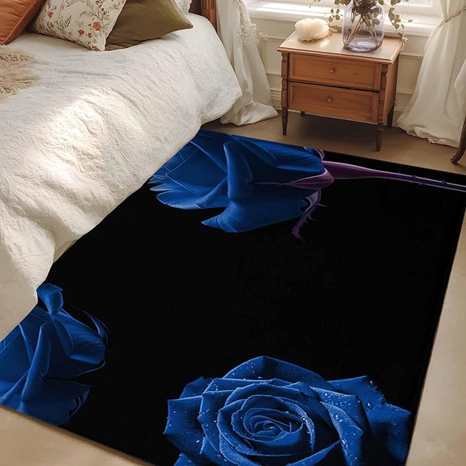 Area Rug 3x5ft, Abstract Garden Blue Rose Washable Rugs for Living Room Bedroom, Classic Country Floral Soft Non-Slip Area Rugs Rectangle Floor Carpet for Dining Room