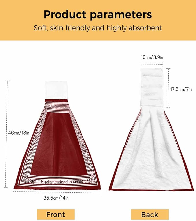Alandar Home Kitchen Tie Towel Set of 1, Greek Abstract Inspired Key Pattern Absorbent Soft Hand Towels for Bathroom Hanging Towels, Geometric Twist Line on Red Fast Drying Cleaning Cloth with Loop