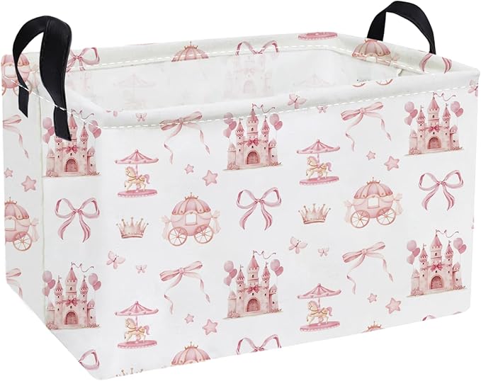 Essme Rectangular Pink Baskets,Girls Storage Box,Cute Basket for Kids with Handles for Room Decor, Book Bins,Shelf Basket.(Castle)