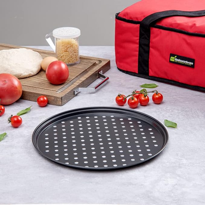 Restaurantware 13 Inch Carbon Steel Pizza Pan - 2 Case - Met Lux Heavy-Duty Perforated Pizza Disk - Non-Stick Baking Tray - Black