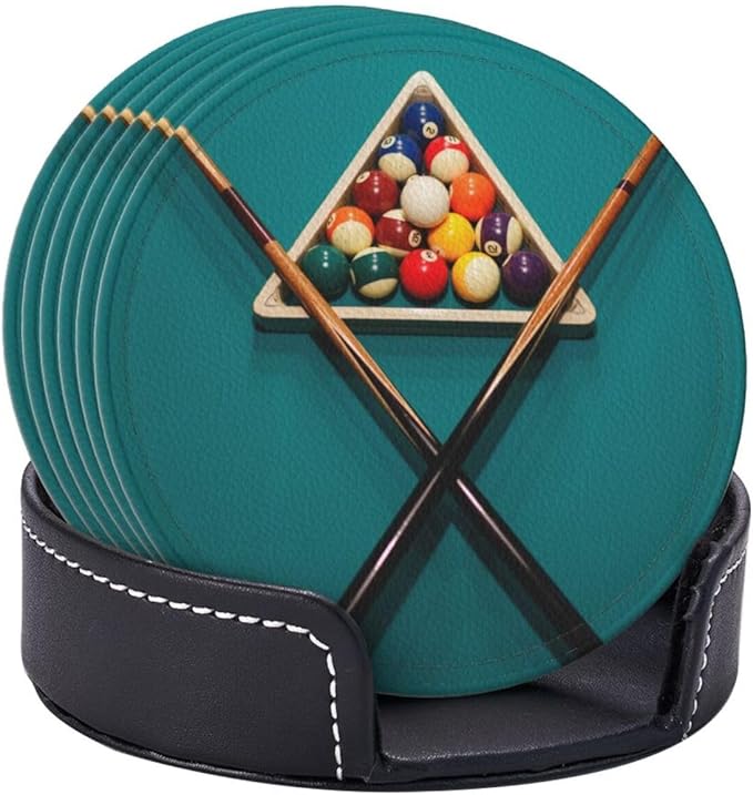 Billiards Leather Drinks Coasters with Holder, Set of 6, Suitable for Various Cups
