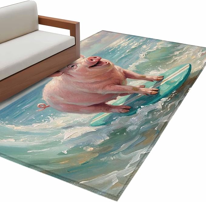 Area Rug 4x6ft, Surfing Farm Pink Pig Washable Rugs for Living Room Bedroom, Summer Blue Sea Wave Beach Soft Non-Slip Area Rugs Rectangle Floor Carpet for Dining Room
