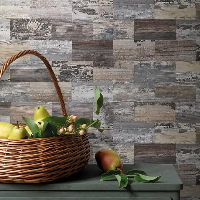 AULIGET 4 Pieces Peel and Stick Backsplash PVC Tile, 3" x 6" Rustic Wood Brick Stick on Tiles