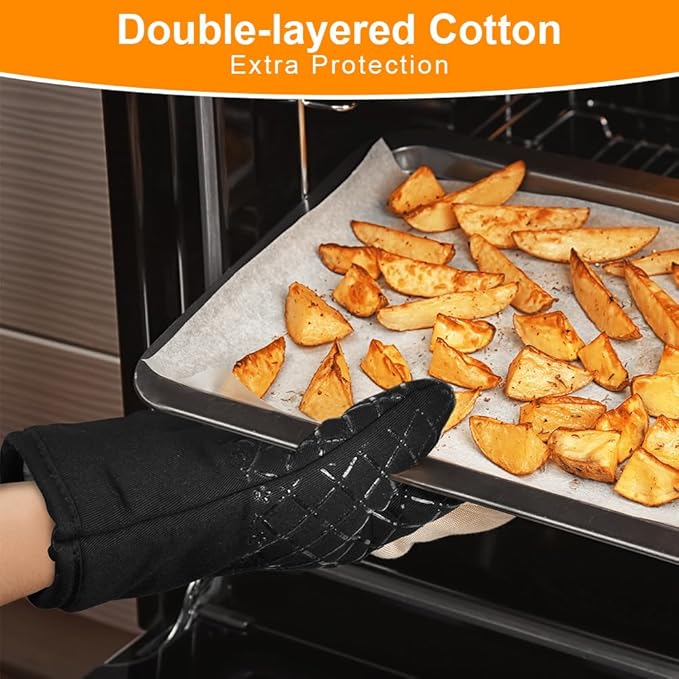 AUAUY Oven Mitts and Pot Holders 4PCS Set, 230°C/446°F Heat Resistant BBQ Gloves, Extra Thicken Long Cotton Oven Mittens, Silicone Stripes Non-Slip Kitchen Mittens for Cooking Baking Grilling