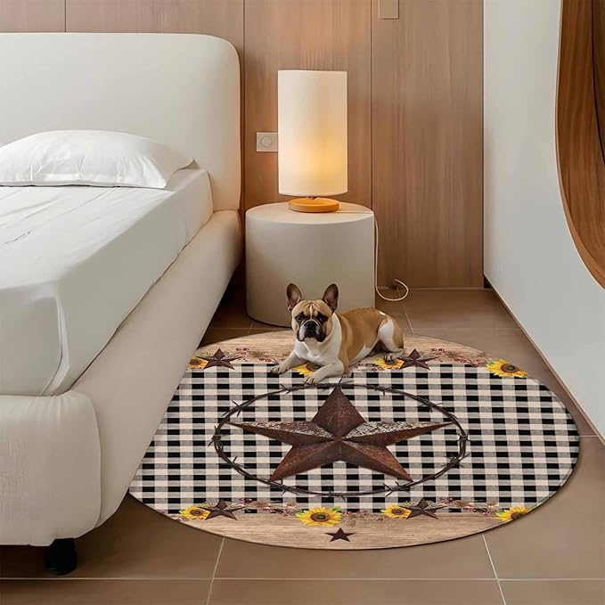 Washable Round Area Rug Western Star Farm Sunflower Circle Rugs Floor Carpet for Living Room Bedroom, Vintage Wood Grain Black Buffalo Plaid Soft Non Slip Round Rug 4ft
