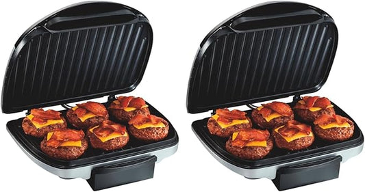 Hamilton Beach Electric Indoor Grill,6-Serving,Large 90 sq. in. Nonstick Easy Clean Plates,Floating Hinge for Thicker Foods,1200 Watts,6.38"D x 12.68"W x 13.78"H,Silver (25371),(Pack of 2)