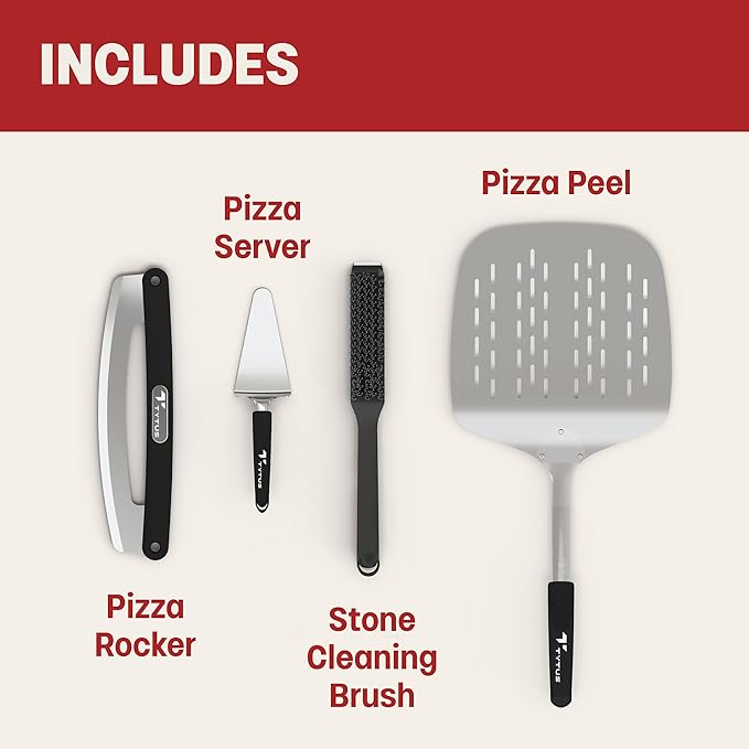 TYTUS Pizza Oven Tool Set 4 Pieces - 12" x 12" Peel, Sharp Rocker, Server & Nylon Stone Brush for Gas Fired Emberwood Pizza Oven
