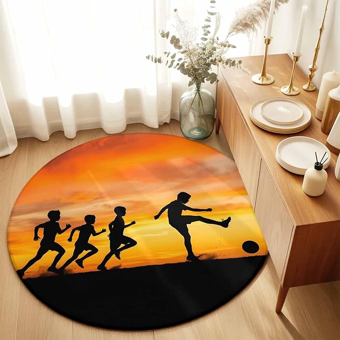 Washable Round Area Rug Football Sports Competition Circle Rugs Floor Carpet for Living Room Bedroom, Sunset Background Soft Non Slip Round Rug 5ft