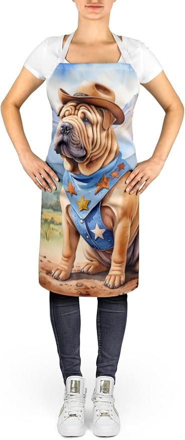 Caroline's Treasures Shar Pei Cowboy Welcome Apron Cooking Kitchen Server Baking Crafts Gardening for Adult Women Men, Unisex, Large, Multicolor