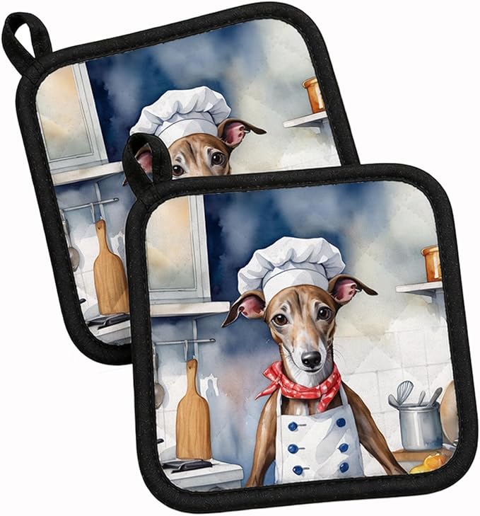 Caroline's Treasures Greyhound The Chef Pair of Pot Holders Kitchen Heat Resistant Pot Holders Sets Oven Hot Pads for Cooking Baking BBQ, 7 1/2 x 7 1/2