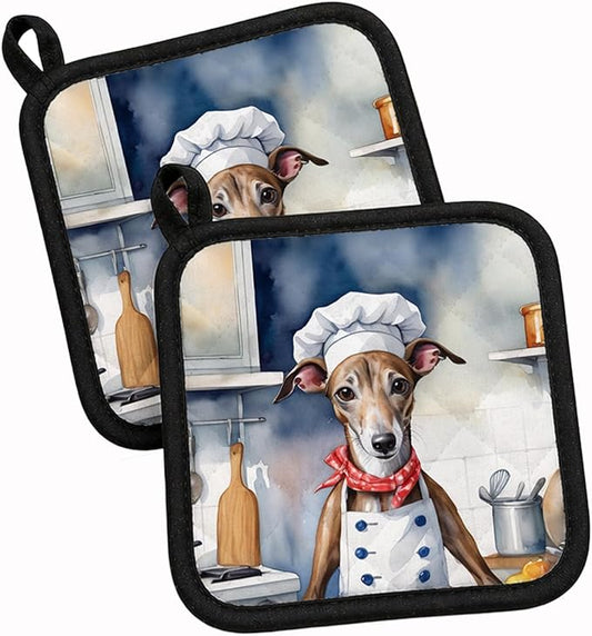 Caroline's Treasures Greyhound The Chef Pair of Pot Holders Kitchen Heat Resistant Pot Holders Sets Oven Hot Pads for Cooking Baking BBQ, 7 1/2 x 7 1/2
