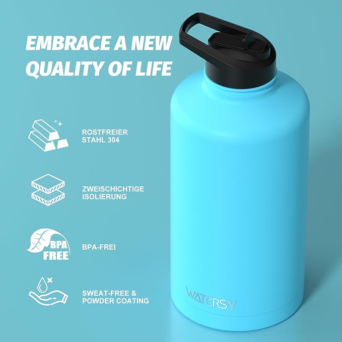 87oz Insulated Water Bottle (Cold for 48 Hrs),BPA Free&Leak Proof,1.5 Gallon Stainless Steel Water Flask,Water Jug with Straw Spout Lids for Gym,Hiking,Camping,Sky Blue