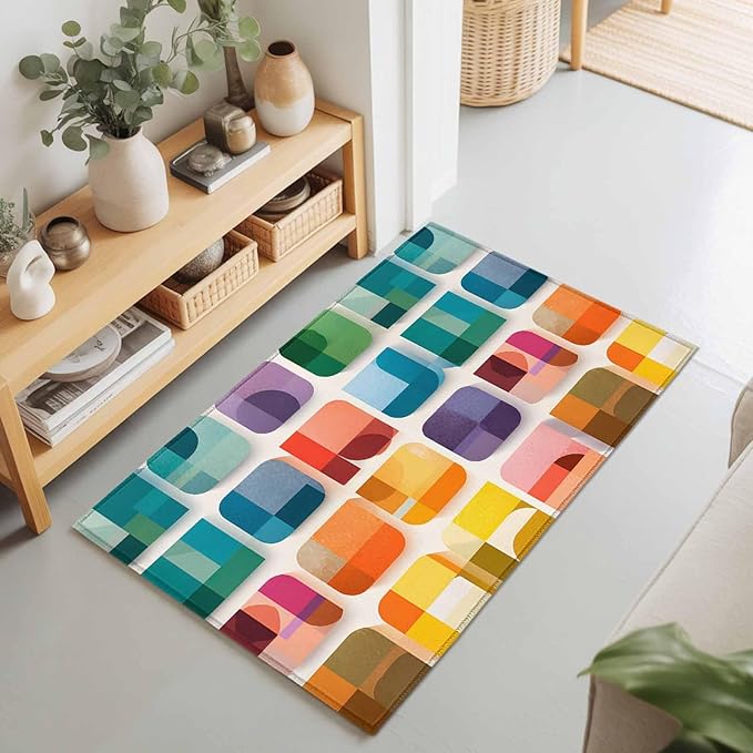 Area Rug 2x3ft, Modern Geometric Squares Washable Rugs for Living Room Bedroom, Colorful Abstract Art Soft Non-Slip Area Rugs Rectangle Floor Carpet for Dining Room