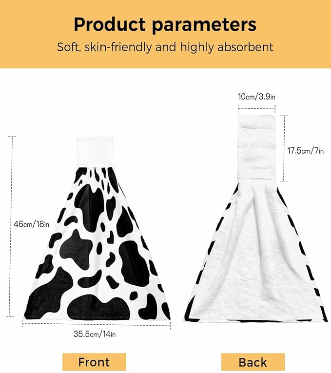 Kitchen Tie Towel Set of 1, Abstract Dairy Cattle Cow Skin Texture Absorbent Soft Hand Towels for Bathroom Hanging Towels, Black and White Animal Print Fast Drying Cleaning Cloth with Loop