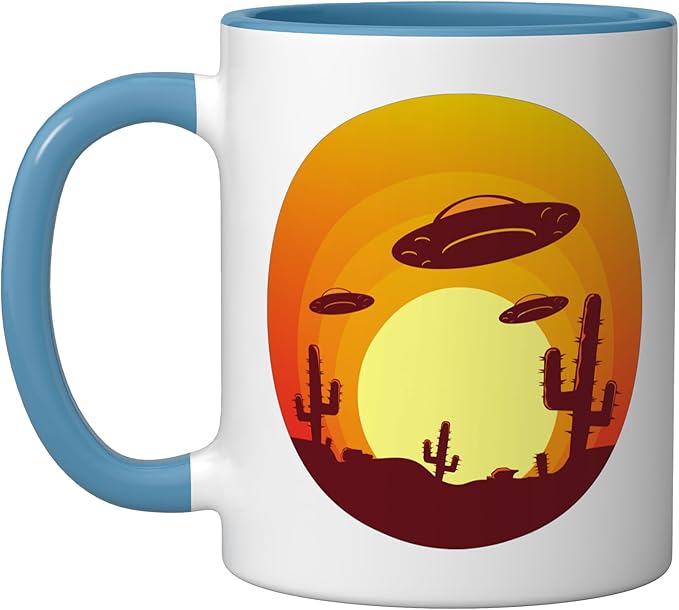 UFO Alien Abduction Conspiracy Vintage Nevada Desert Sunset Ceramic Mug, Blue/White