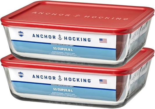 Anchor Hocking 11-Cup Glass Storage Containers with Lids, Set of 2 Glass Food Storage Containers with Red SnugFit Lids