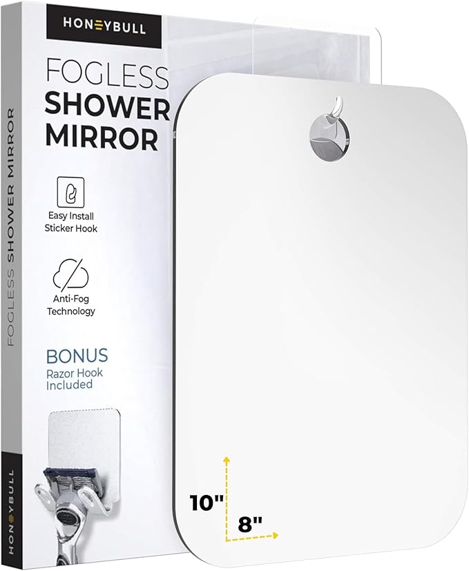 HONEYBULL Fogless Shower Mirror for Shaving – Anti-Fog Acrylic Mirror with Razor Holder, No-Drill Wall Mount, Flat Design for Steam Showers, Large 8x10in