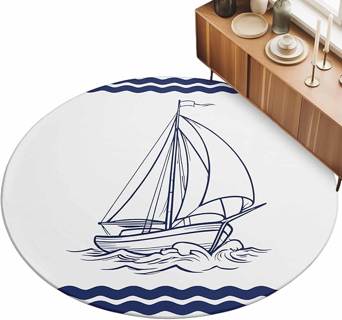 Washable Round Area Rug Summer Ocean Nautical Sailboat Circle Rugs Floor Carpet for Living Room Bedroom, Marine Theme Navy Blue Stripe Soft Non Slip Round Rug 3ft