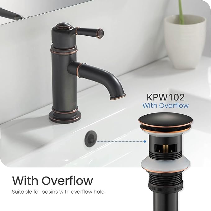 KIBI Bathroom Sink Pop-Up Drain with Overflow (Full Cover) | Lavatory Vanity Drain Stopper | Durable Leak-Proof Sink Drain for Bathroom, Kitchen, and Lavatories | Oil Rubbed Bronze, KPW102