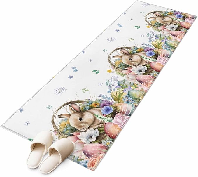 Runner Rug for Bedroom Hallway, Easter Egg Spring Flower Cute Rabbit Kitchen Runner Rugs Area Rug 2x6ft, Blossom Floral on White Washable Soft Floor Carpet for Entryway Stair