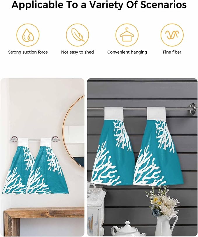 Alandar Home Kitchen Tie Towel Set of 1, Summer Blue Ocean Abstract Coral Absorbent Soft Hand Towels for Bathroom Hanging Towels, Modern Minimalist Art Fast Drying Cleaning Cloth with Loop