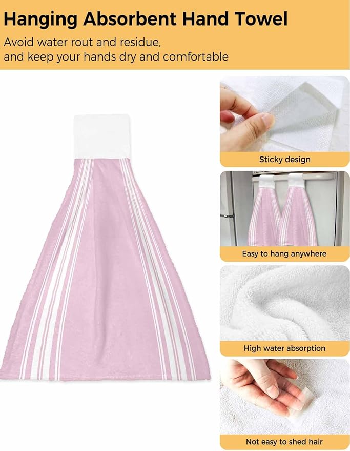 Alandar Home Kitchen Tie Towel Set of 2, Rustic Modern Minimalist Art Absorbent Soft Hand Towels for Bathroom Hanging Towels, White Stripe Line on Pink Fast Drying Cleaning Cloth with Loop