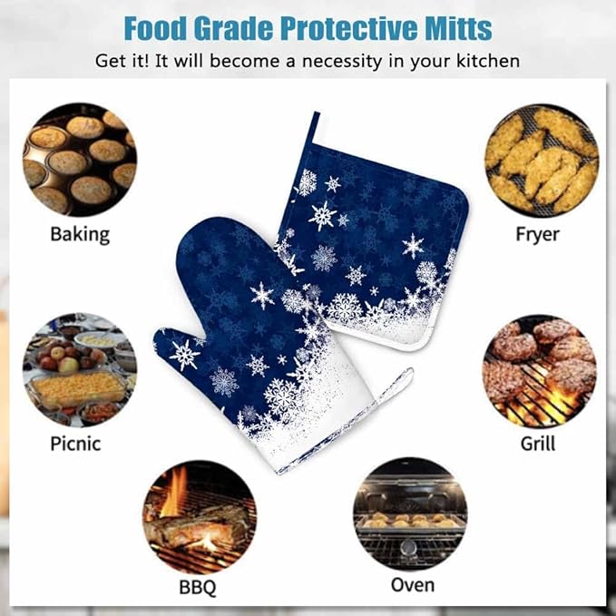 Mxocom Merry Christmas Snowflake Silicone Oven Mitts and Pot Holders Sets Winter Blue Frosty Snow Christmas BBQ Gloves for Kitchen,Cooking,Baking,Grilling