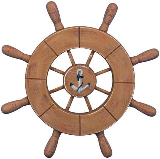 Hampton Nautical Wheel-9-107-anchor Rustic Wood Finish Decorative Ship Wheel with Anchor, 9"