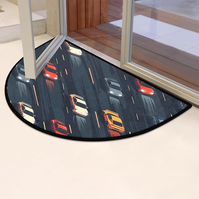 Blue Race Car Half-Round Door Mat | Indoor Entrance Half-Moon Rug | Low-Pile | Area Rug, Non-Slip, Absorbent Semi-Circle Welcome Mats for Kitchen, Patio, and Home Decor | 36x24 Inches