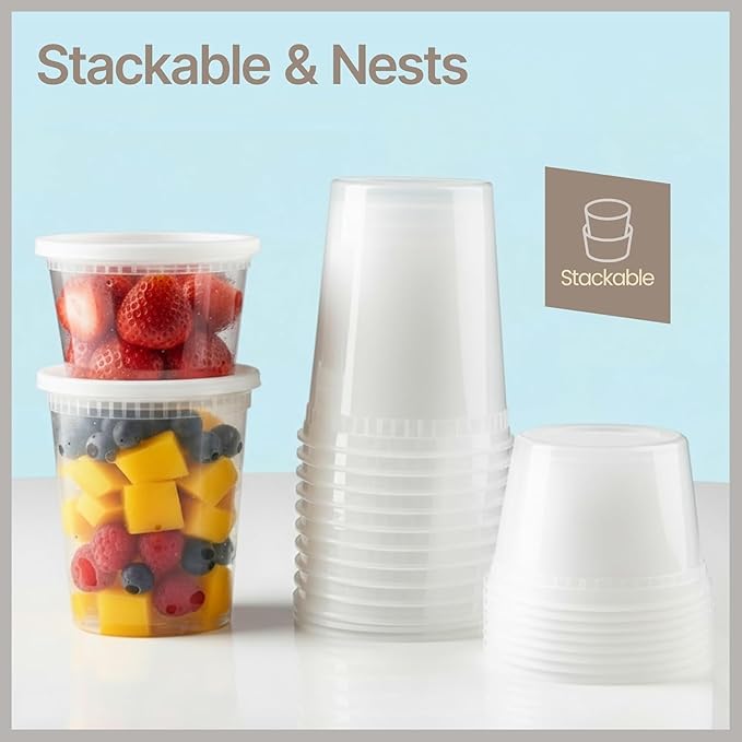 Plastic Deli Containers with Lids 16 oz (Pack of 25) – Leak-Proof, BPA-Free Food Storage Containers for Soup, Slime & Meal Prep, Stackable, Microwave, Dishwasher Safe, Reusable Clear Plastic