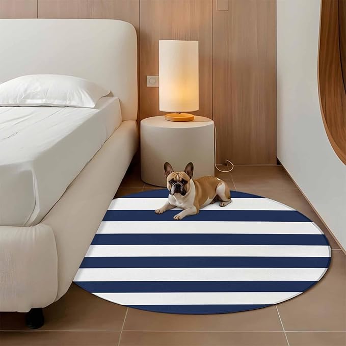 Washable Round Area Rug Nautical Black and White Stripes Circle Rugs Floor Carpet for Living Room Bedroom, Striped Soft Non Slip Round Rug 5ft