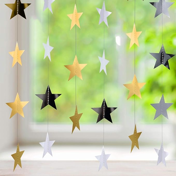 Patelai 78 Feet Glitter Star Garland Banner 2026 Party Decoration Double Side Star Hanging String Streamer Paper Twinkle for Graduation Wedding Birthday (Gold and Silver)