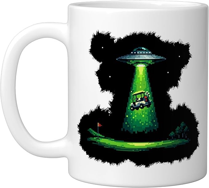 Retro Pixel Art UFO Abducting Golf Cart Funny Alien Golfing Ceramic Mug, White