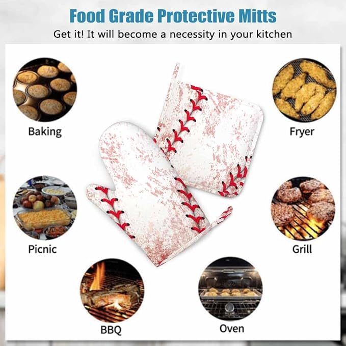 Mxocom Baseball Background Silicone Oven Mitts and Pot Holders Sets BBQ Gloves for Kitchen,Cooking,Baking,Grilling