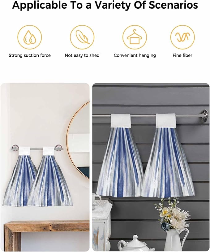 Alandar Home Kitchen Tie Towel Set of 2, Watercolor Blue Grey Oil Painting Art Absorbent Soft Hand Towels for Bathroom Hanging Towels, Modern Abstract Fast Drying Cleaning Cloth with Loop