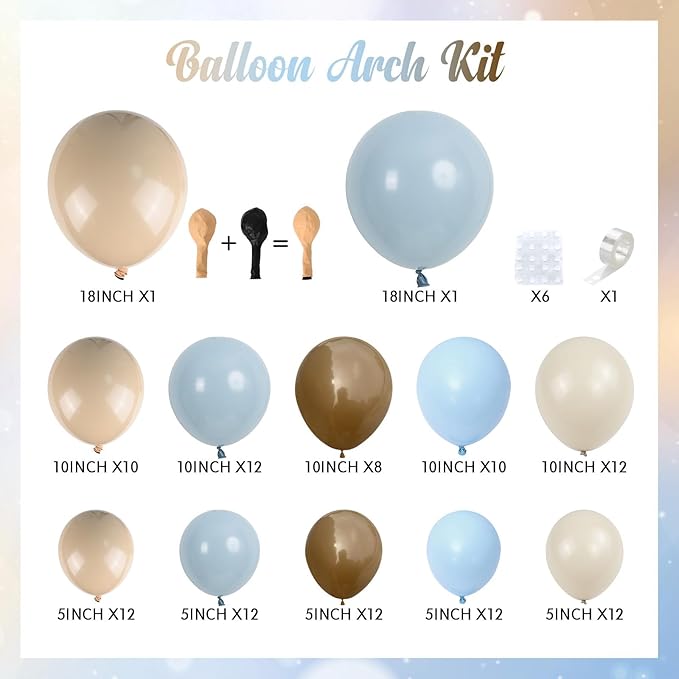 Blue and Brown Balloon Garland Arch Kit, 114Pcs Dusty Blue Double Stuffed Coffee Brown Sand White Balloons for Boy Bear Baby Shower Decorations Wedding Boho Birthday Party Decorations