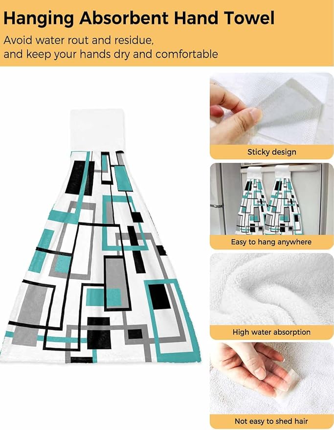 Alandar Home Kitchen Tie Towel Set of 2, Teal Abstract Geometric Retro Mid Century Absorbent Soft Hand Towels for Bathroom Hanging Towels, Nordic Style Fast Drying Cleaning Cloth with Loop