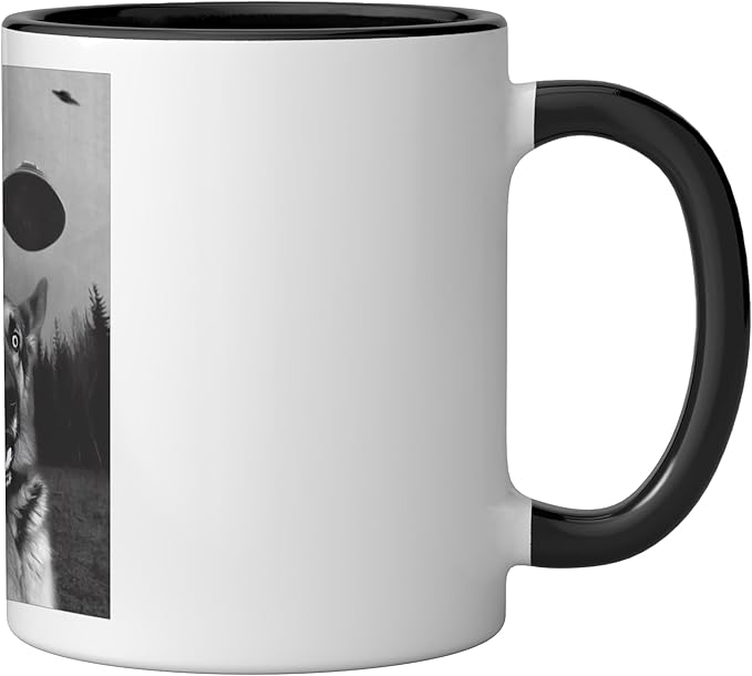 "Shep's Selfie" Funny German Shepherd Selfie with UFO Ceramic Mug, Black/White