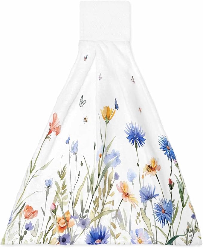 Alandar Home Kitchen Tie Towel Set of 1, Pastoral Blue Floral Butterfly on White Absorbent Soft Hand Towels for Bathroom Hanging Towels, Watercolor Flowers Fast Drying Cleaning Cloth with Loop