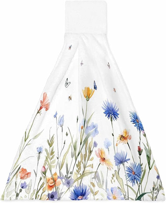 Alandar Home Kitchen Tie Towel Set of 1, Pastoral Blue Floral Butterfly on White Absorbent Soft Hand Towels for Bathroom Hanging Towels, Watercolor Flowers Fast Drying Cleaning Cloth with Loop
