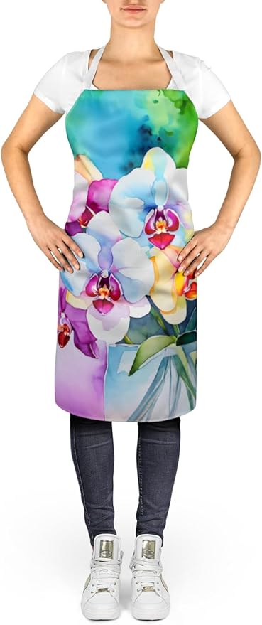 Caroline's Treasures Orchids in Watercolor Apron Cooking Kitchen Server Baking Crafts Gardening for Adult Women Men, Unisex, Large, Multicolor