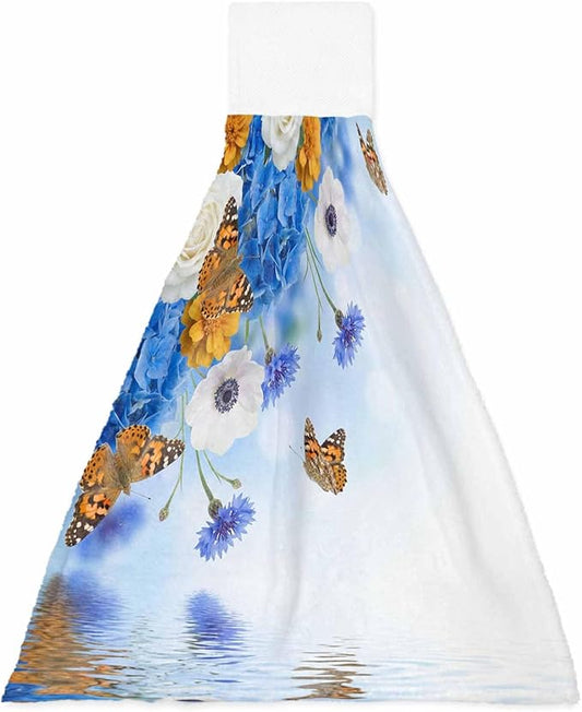 Alandar Home Kitchen Tie Towel Set of 1, Watercolor Embroidered Balls White Daisy Absorbent Soft Hand Towels for Bathroom Hanging Towels, Flower Butterflies Fast Drying Cleaning Cloth with Loop