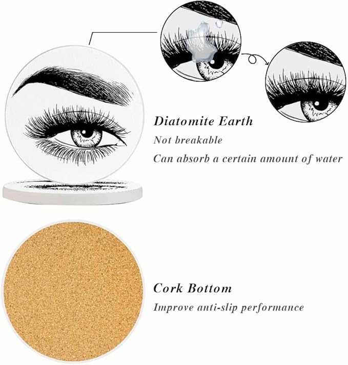 Beautiful Woman Eye Coasters Beauty Black Eyelash Perfect Eyebrows Makeup Absorbent Drink Coaster Set of 2 Unique Beer Beverage Coasters for Coffee Table Cup Bar Coasters Cute Cork Ceramic Coasters