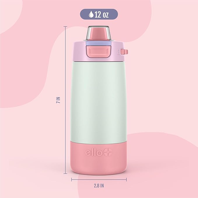 Ello Kids Colby 12oz Stainless Steel Insulated Water Bottle with Straw and Built-In Silicone Coaster Carrying Handle and Leak-Proof Locking Lid for School Backpack, Lunchbox, and Outdoor Sports