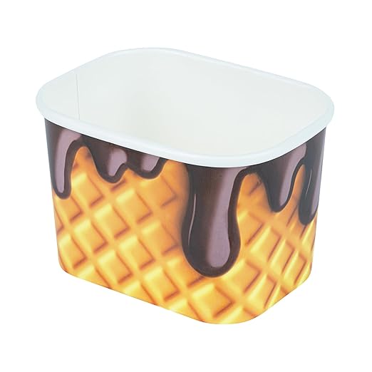 Restaurantware Paper Cups 200 Count 12 Ounce Square Disposable Ice Cream Containers, Leak-Resistant Paper Dessert To Go Cups, Hot And Cold Food, Durable Chocolate Drizzle Design
