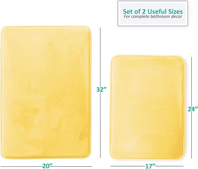 Clara Clark 2 Piece Bathroom Rugs Bath Mat Set, Velvet Memory Foam Bath Mats for Bathroom - Non-Slip, PVC Backing Bath Rugs, Washable - Dries Quickly, Yellow