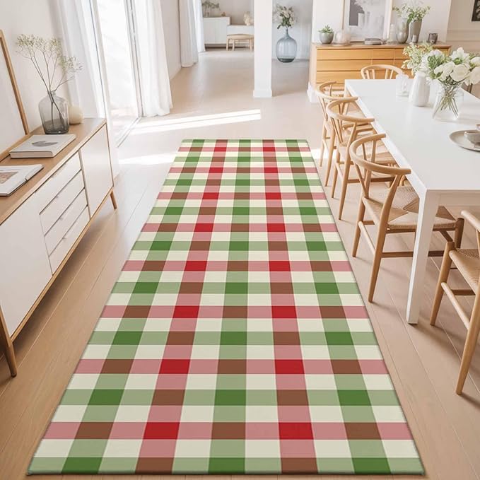 Runner Rug for Bedroom Hallway, Vintage Pastoral Red Green Buffalo Gingham Kitchen Runner Rugs Area Rug 2x6ft, Christmas Plaid Washable Soft Floor Carpet for Entryway Stair