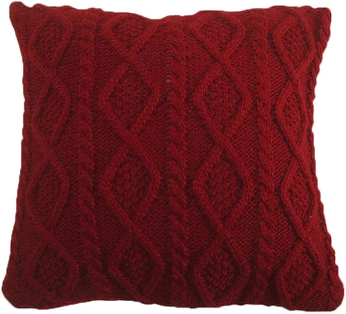 HiEnd Accents Cable Knit Wool Throw Pillow, 18x18 inch, Red Solid Color, Diamond Pattern, Sweater Style, Soft Cozy Luxury Decorative Pillow