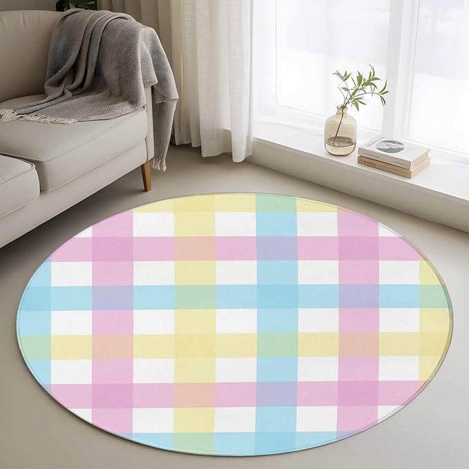 Washable Round Area Rug Spring Easter Colorful Lattice Circle Rugs Floor Carpet for Living Room Bedroom, Minimalist Buffalo Checker Soft Non Slip Round Rug 3ft