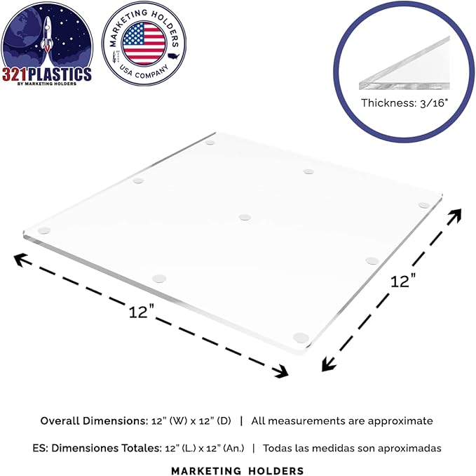 Clear Acrylic Flat Cutting Board 12" x 12" Countertop Charcuterie Chopping Block and Several Rubber Bumpers for Hotels Home Kitchens and Restaurants by Marketing Holders